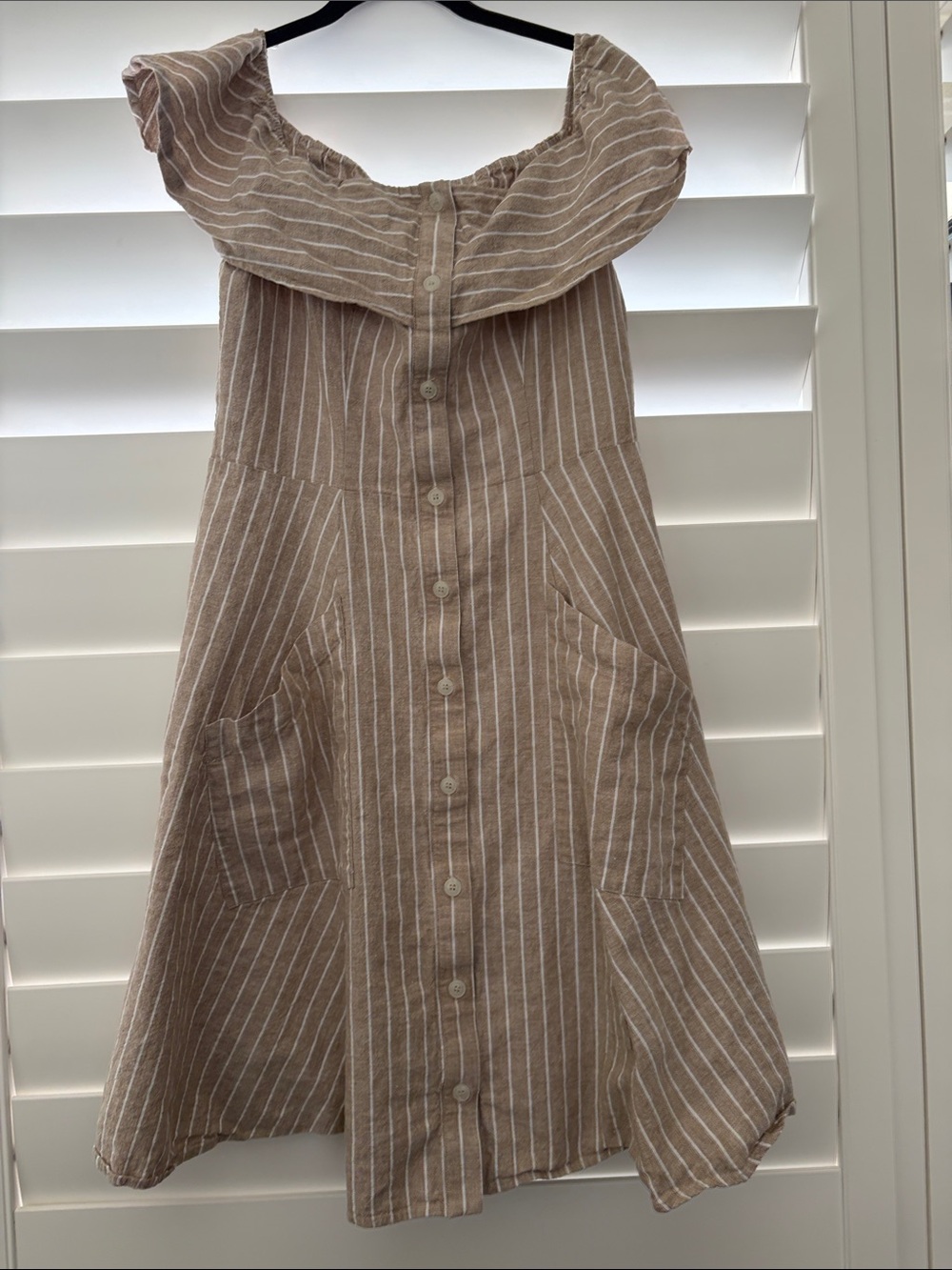 Linen Saks Fifth Avenue Khaki and White Pinstripe Dress
